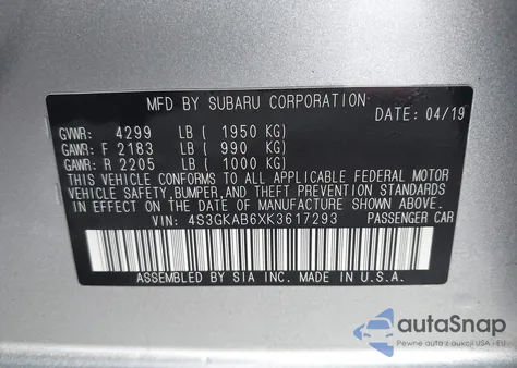 2019 Subaru Impreza 2.0I from USA, damaged, VIN 4S3GKAB6XK3617293